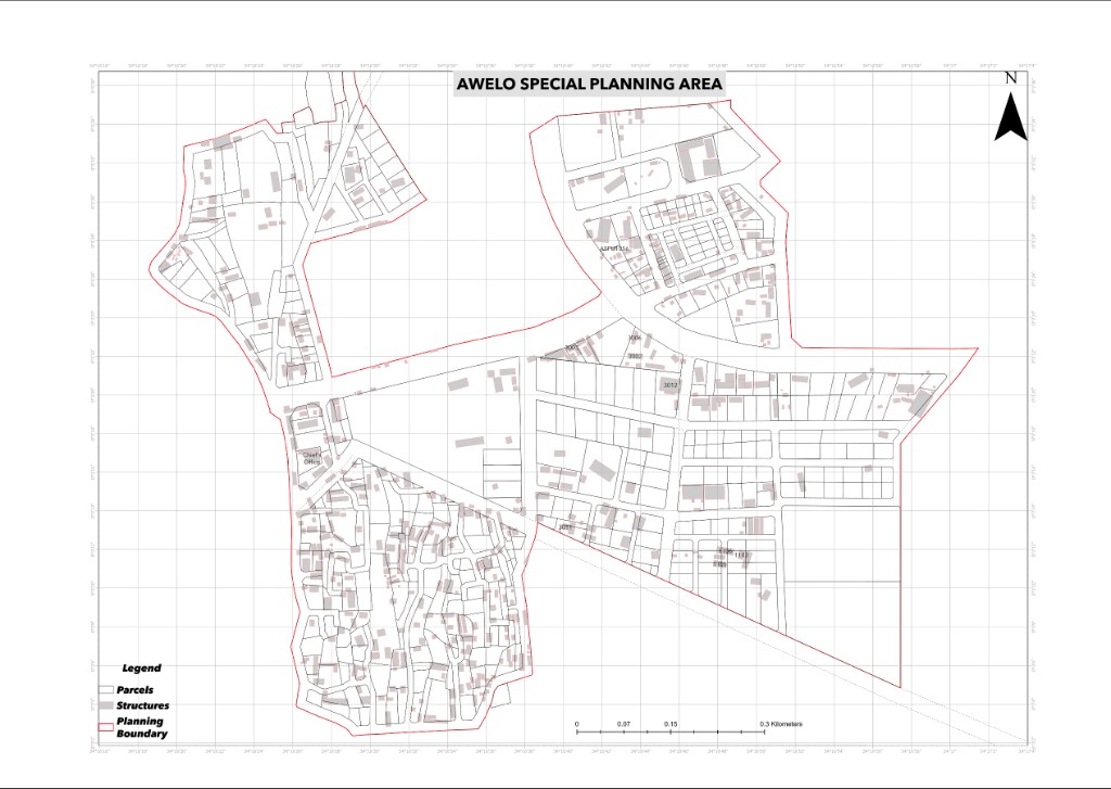 GIS map: Awelo Special Planning Area, parcels and structures, Siaya County
