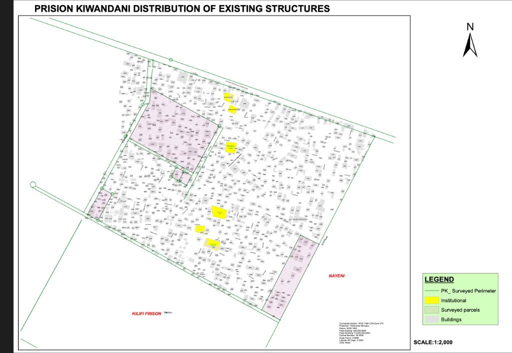 GIS map: Prison Kiwandani distribution of existing structures, Kilifi County